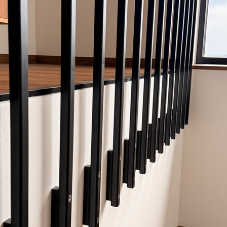 Nahaufnahme einer Treppe mit schwarzen Geländern und einem Holzboden.