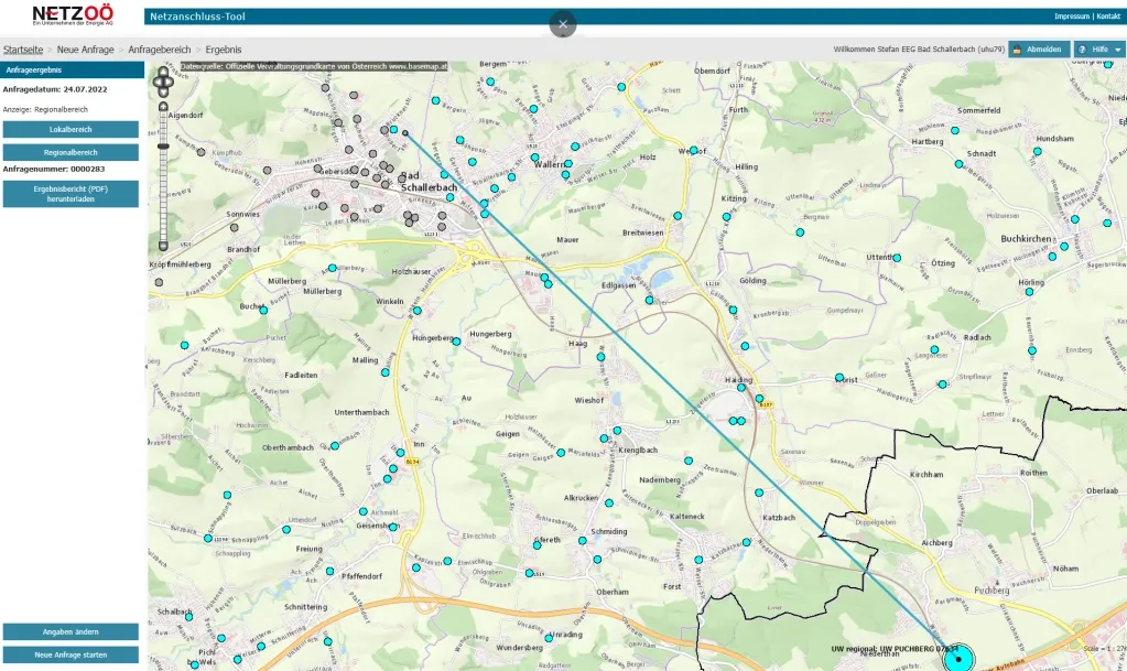 Eine Karte einer Region mit verschiedenen markierten Orten, einschließlich Städten, Straßen und Sehenswürdigkeiten. Die Karte ist detailliert und farbcodiert, mit Fokus auf das Gebiet um einen zentralen Punkt.