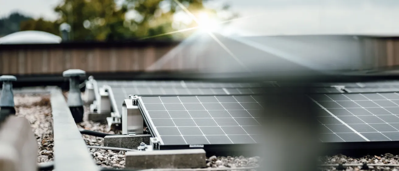 Solarmodule auf einem Dach, die Sonnenlicht einfangen und eine helle Reflexion im Vordergrund erzeugen.