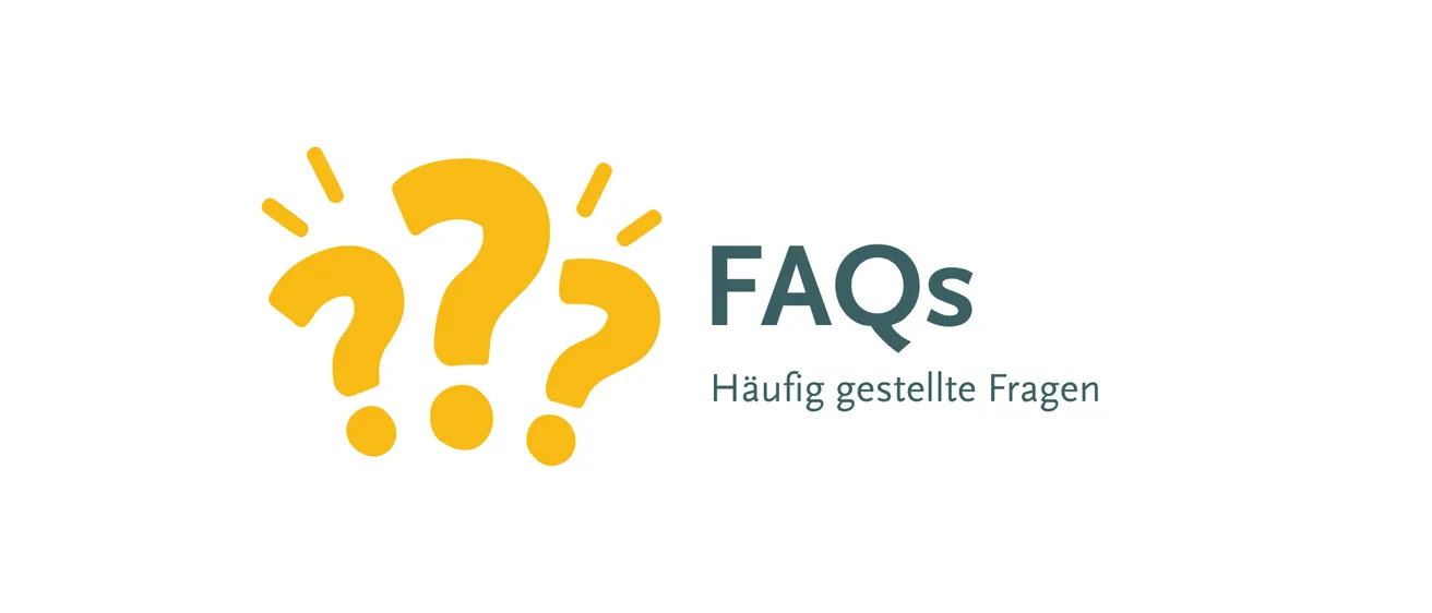 Illustration von drei Fragezeichen in leuchtendem Gelb und dem Text 'FAQs' in Dunkelgrün. Darunter steht der Text 'Häufig gestellte Fragen' auf Deutsch.