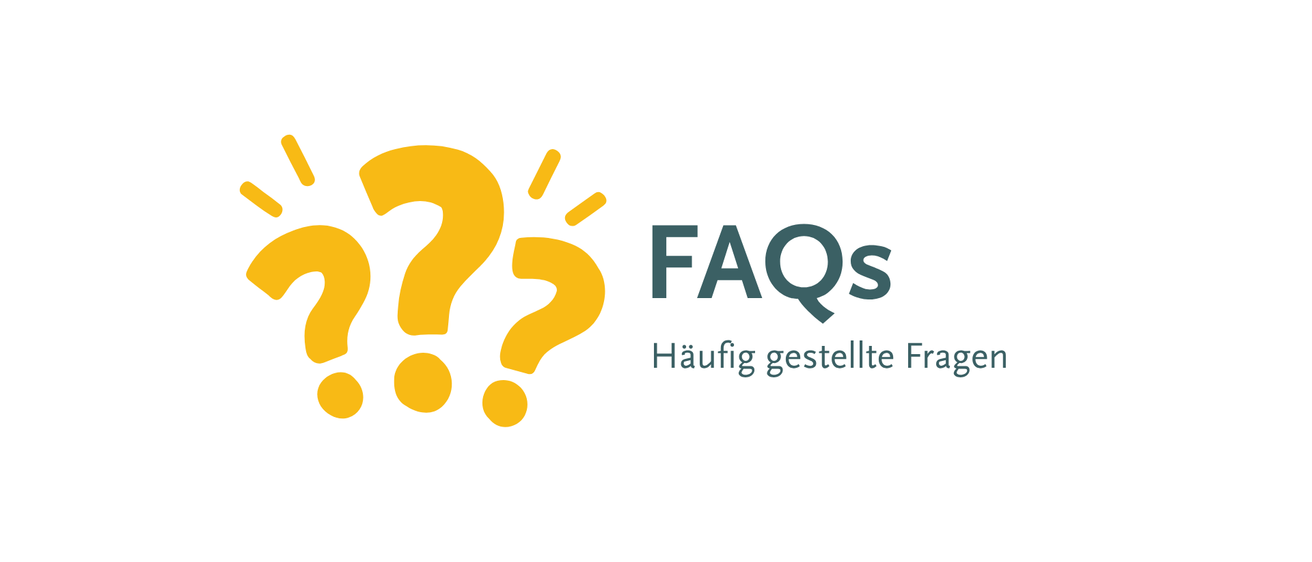 Illustration von drei Fragezeichen in leuchtendem Gelb und dem Text 'FAQs' in Dunkelgrün. Darunter steht der Text 'Häufig gestellte Fragen' auf Deutsch.