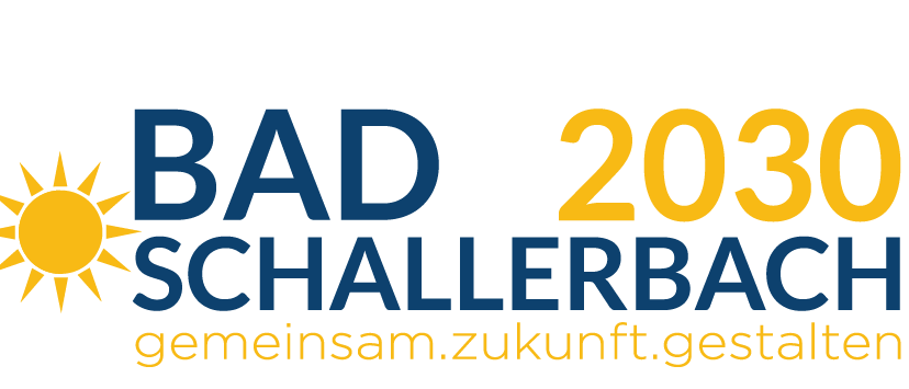 Das Logo für Bad Schallerbach 2030 zeigt eine gelbe Sonne mit Strahlen und den Text 'Bad Schallerbach 2030' in Blau, darunter der Slogan 'gemeinsam.zukunft.gestalten'.