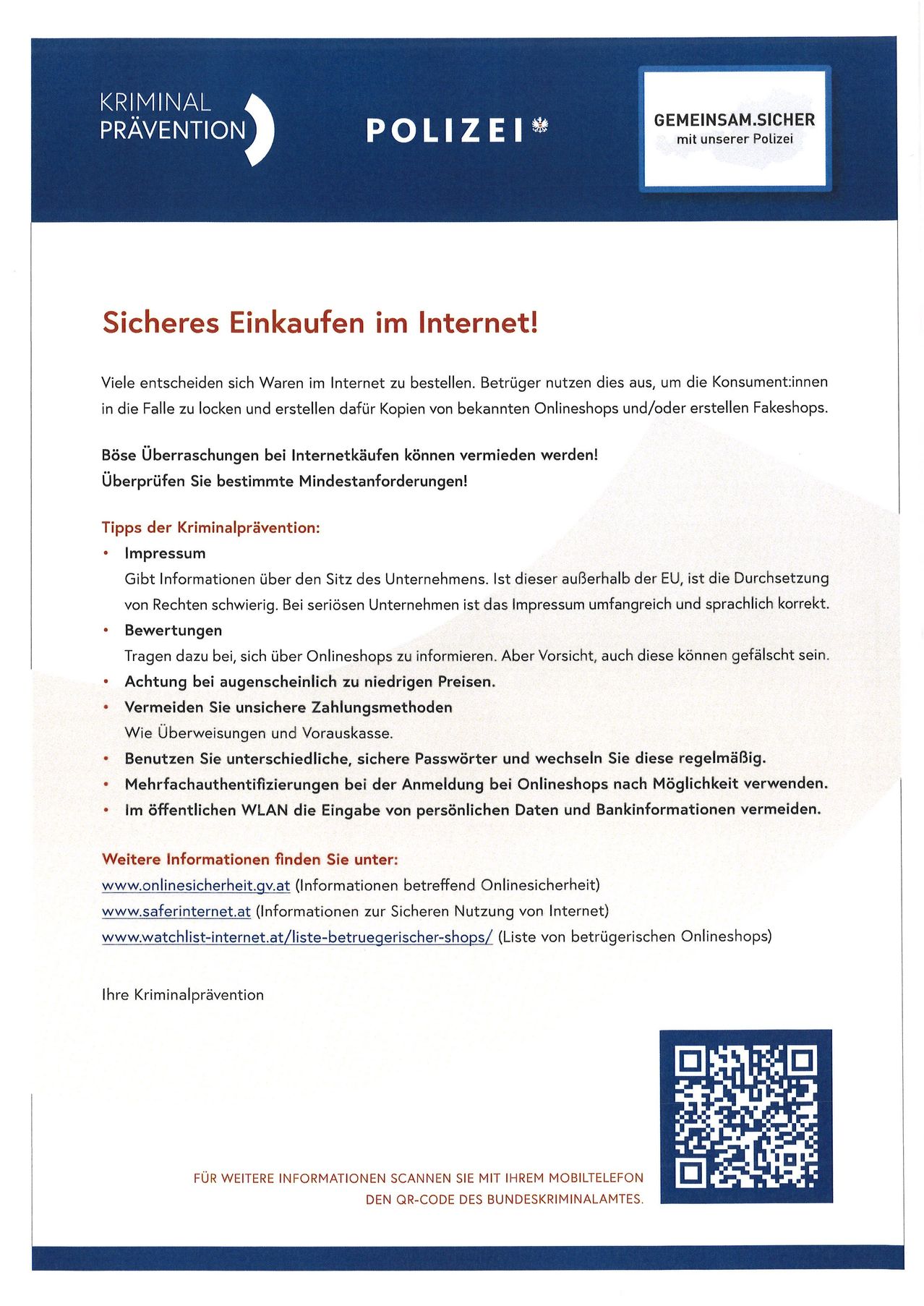 Ein Dokument mit der roten Überschrift 'Sichere Einkaufen im Internet!' gibt Ratschläge für sicheres Einkaufen im Internet. Es empfiehlt, Online-Shops zu überprüfen, verschiedene Passwörter zu verwenden und öffentliches WLAN für persönliche Daten zu vermeiden. Ressourcen für weitere Informationen werden bereitgestellt.