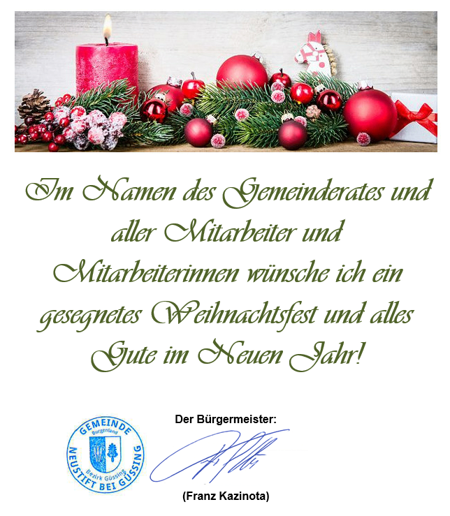 Eine Weihnachtskarte zeigt eine rote Kerze und rote Kugeln. Es steht geschrieben: 'Im Namen des Gemeinderats und aller Mitarbeiter wünsche ich ein gesegnetes Weihnachtsfest und alles Gute im neuen Jahr!' Die Karte ist von Franz Kazinota unterzeichnet.