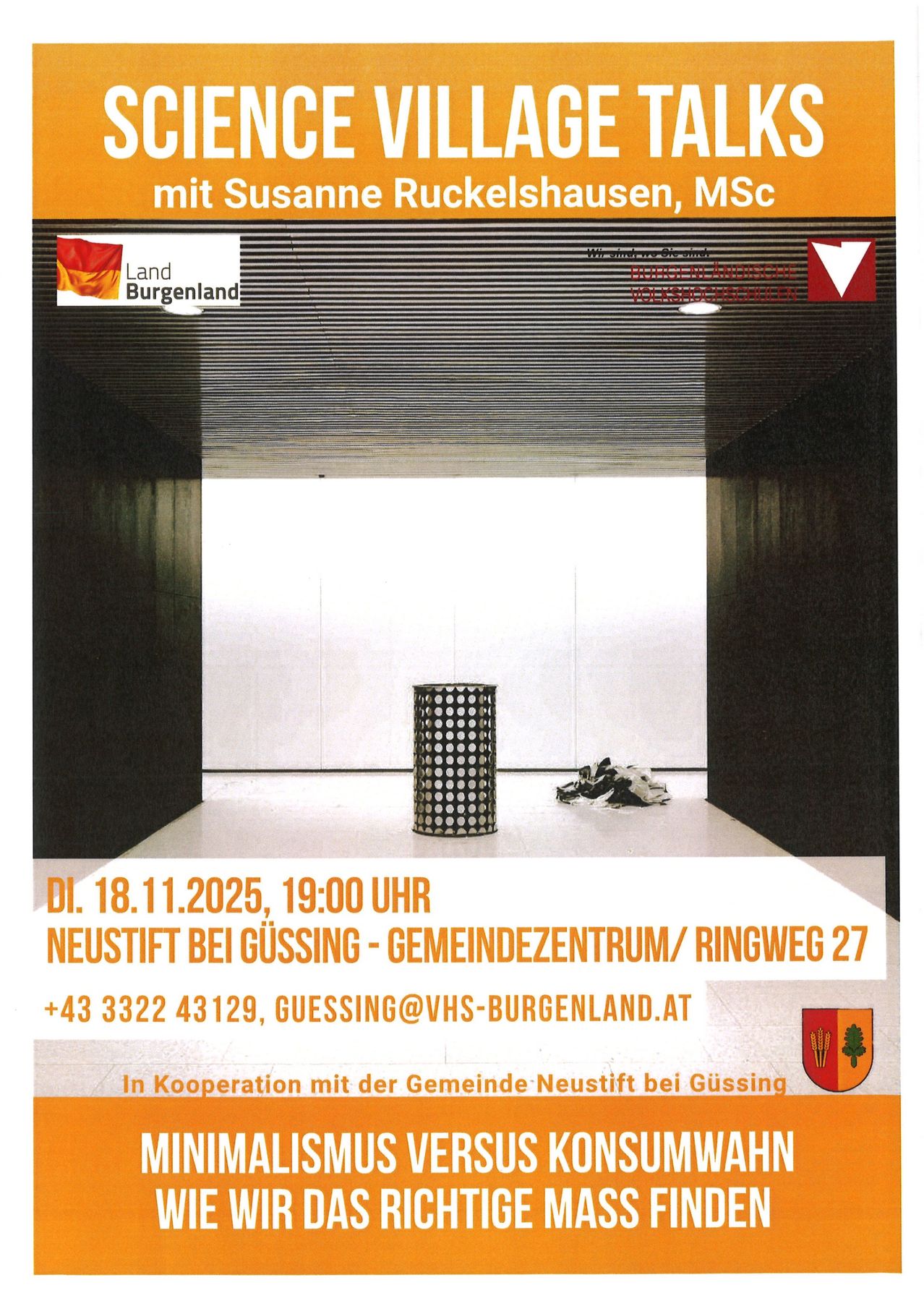 Plakat für eine Veranstaltung am 18. November 2025, 19:00 Uhr im Gemeindezentrum/Ringweg 27 in Neustift bei Güssing. Kontakt: +43 3322 43129, gussing@vhs-burgenland.at. In Kooperation mit der Gemeinde Neustift bei Güssing.