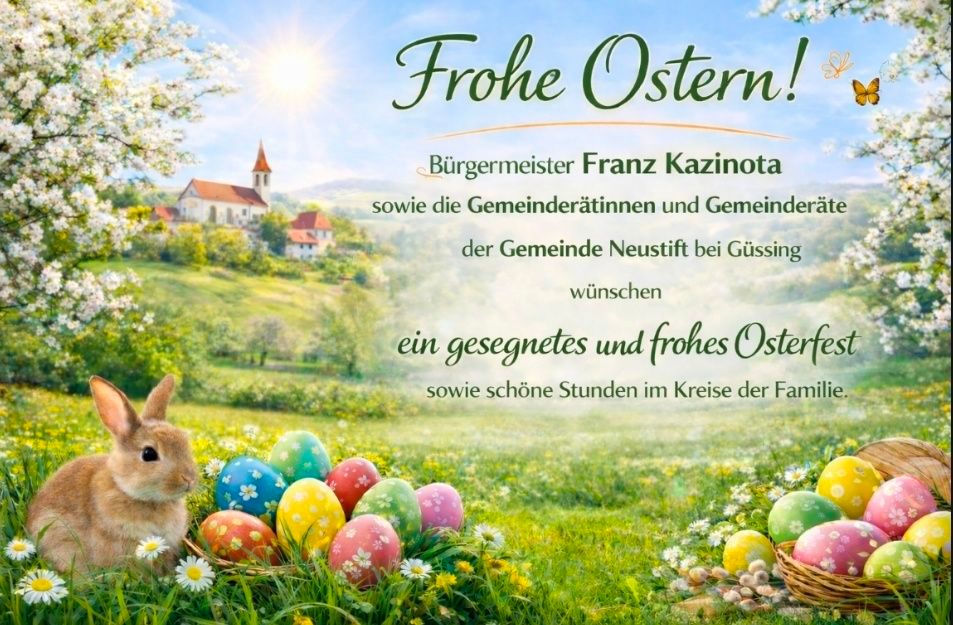 An Easter card with a rabbit, colorful eggs, and a field. A church is in the background. The mayor and community wish for a blessed and joyful Easter and happy family time.