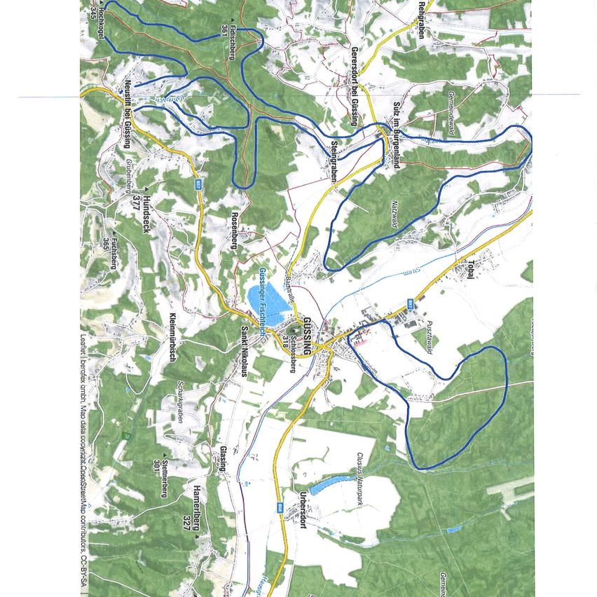 A map showing various trails and roads in a mountainous area, with specific points marked such as Glistening, Sutz im Burgenland, and Geresdorf. The map includes a body of water and several labeled areas.