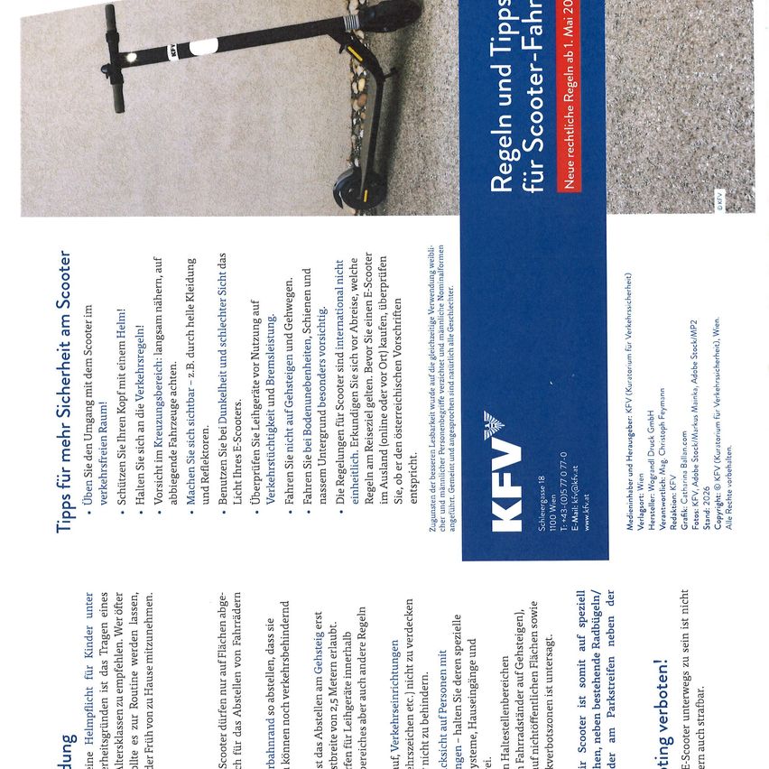 A document with text about safety tips for children riding scooters. An image of a scooter is shown. The text is in German.