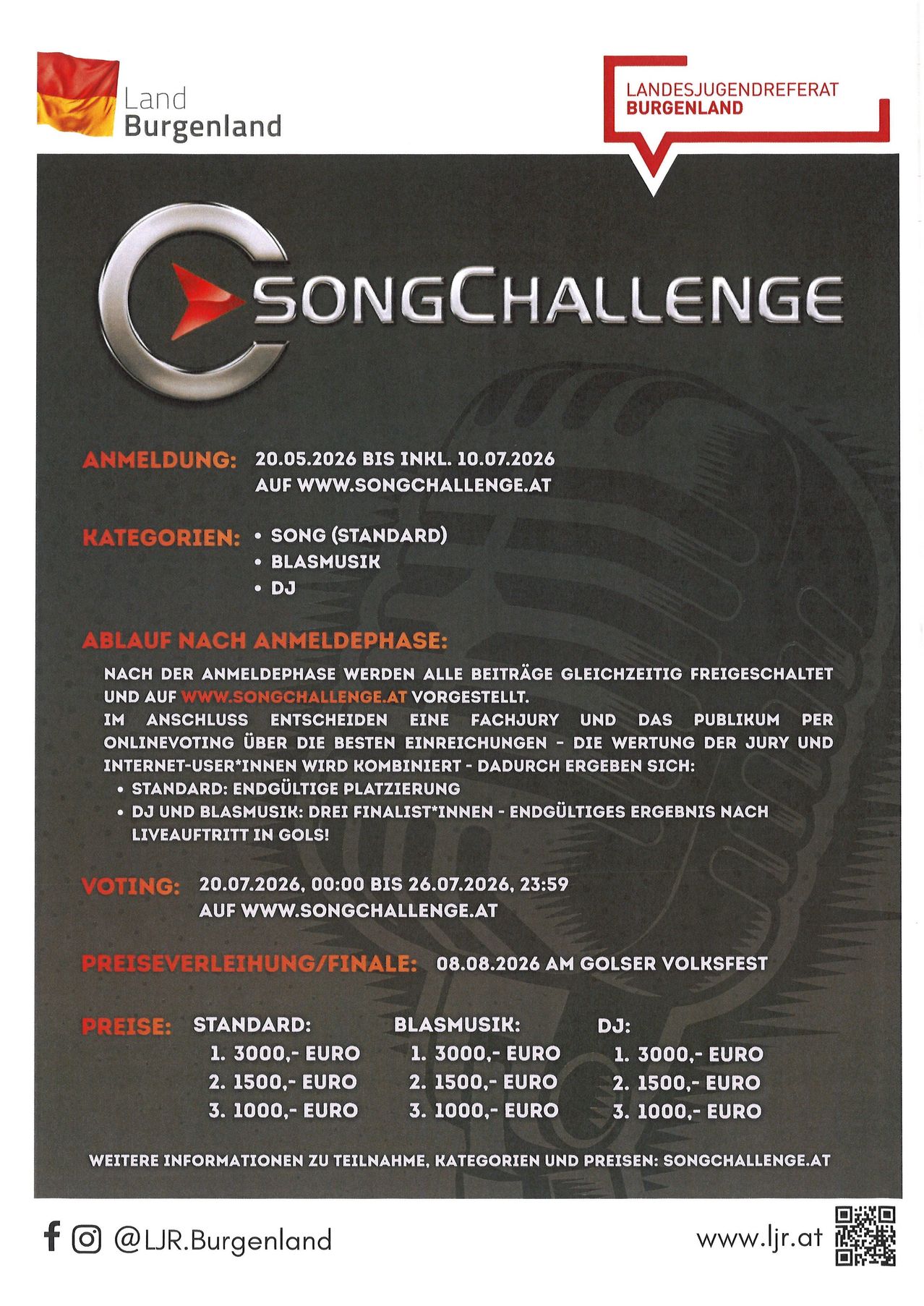 Song Challenge Poster mit Anmeldedaten, Kategorien und Preisdetails. Anmeldung bis 10.07.2026. Kategorien: Song, Blasmusik, DJ. Abstimmung vom 20.07. bis 26.07.2026. Preise für verschiedene Platzierungen in jeder Kategorie.