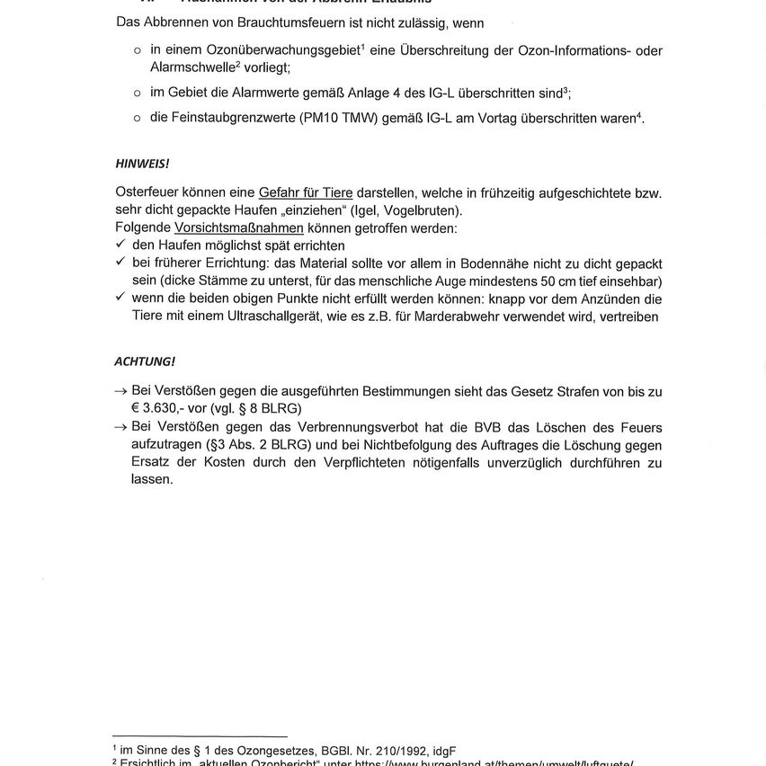 Das Dokument warnt vor dem Löschen von Bränden in ozonempfindlichen Bereichen, der Überschreitung von Ozoninformationsgrenzen oder Feinstaubgrenzwerten. Es rät, Tiergehege so spät wie möglich zu errichten, sicherzustellen, dass das Material nicht zu dicht gepackt ist, und einen Ultraschallgerät bereitzuhalten. Strafen für Verstöße reichen bis zu 3.630 €.