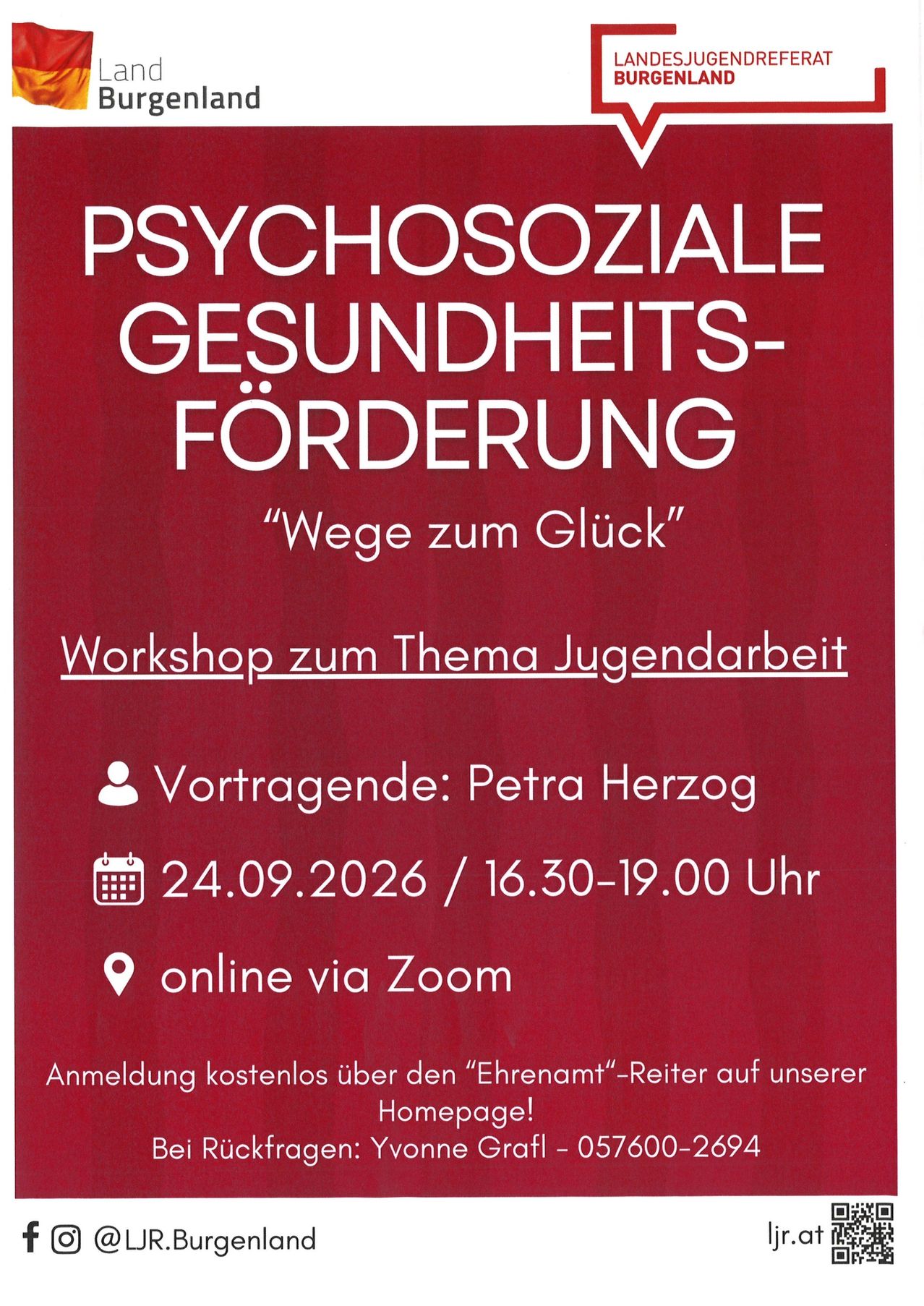 A workshop poster for 'Psychosoziale Gesundheits-Förderung' titled 'Wege zum Glück' on youth work, presented by Petra Herzog on September 24, 2026, from 16:30 to 19:00, online via Zoom.