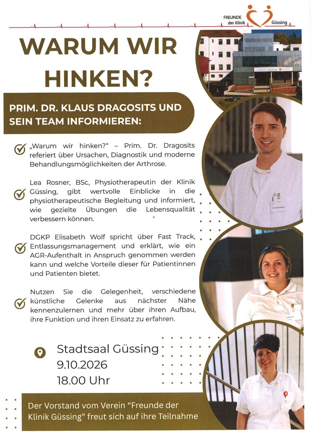 Eine Werbung für eine medizinische Klinik mit einem lächelnden Arzt, einem Physiotherapeuten und einer Krankenschwester. Es wird über Kniearthrose, Physiotherapie und Fast-Track-Entlassungsmanagement gesprochen. Die Veranstaltung ist für den 9. Oktober 2026 in Güssing geplant.