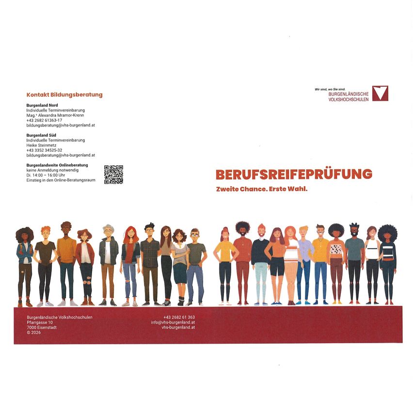 Plakat für ein Berufsbildungsprogramm mit einer Reihe von verschiedenen Personen, die auf einem roten Teppich stehen. Der Text lautet 'BERUFSREIFEPRUFUNG' und 'Zweite Chance. Erste Wahl.' Kontaktinformationen und ein QR-Code sind angegeben.