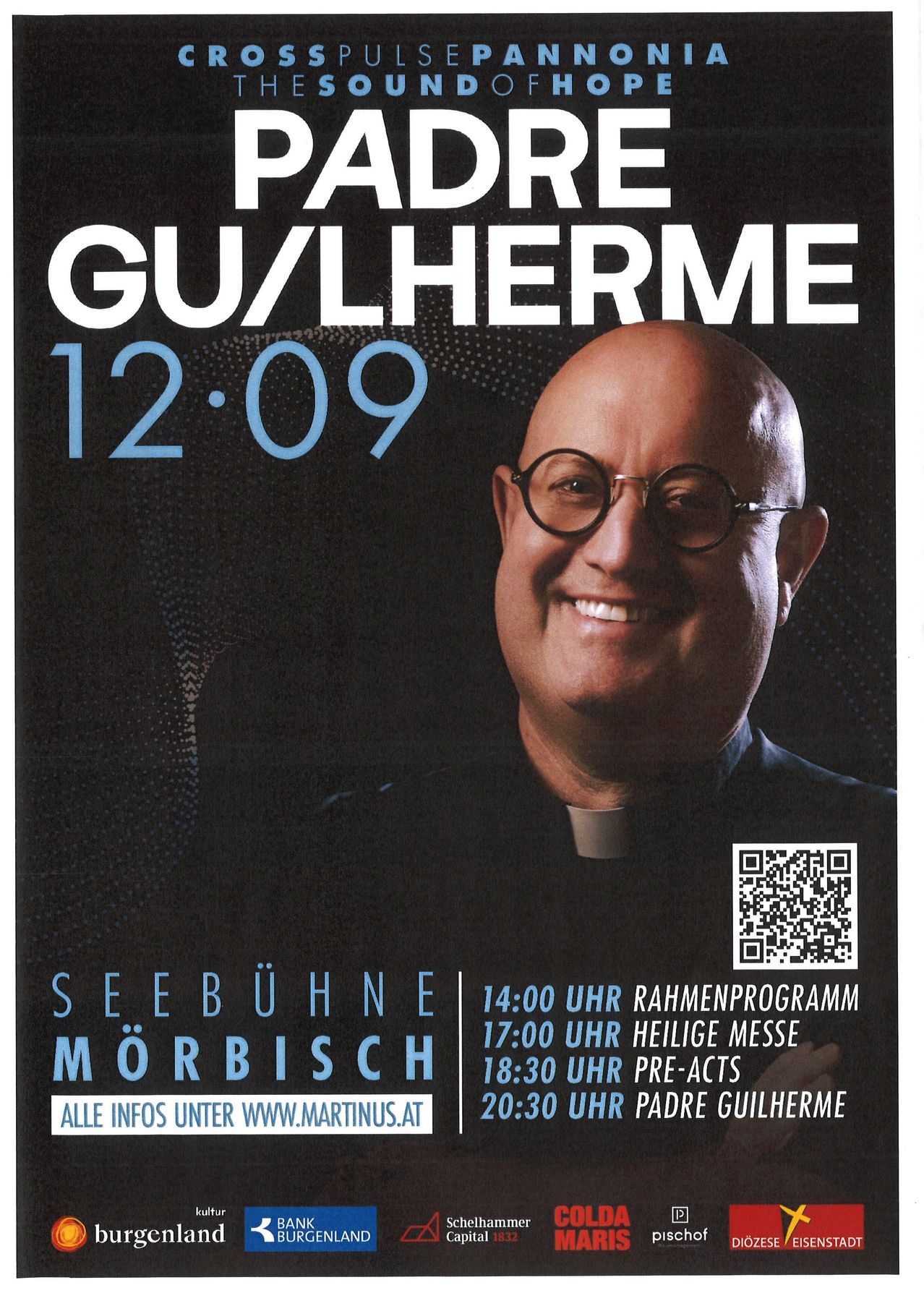 Plakat für die Veranstaltung von Padre Guilherme am 12. September. Zeigt einen lächelnden Mann mit Brille, QR-Code und Zeitplan.