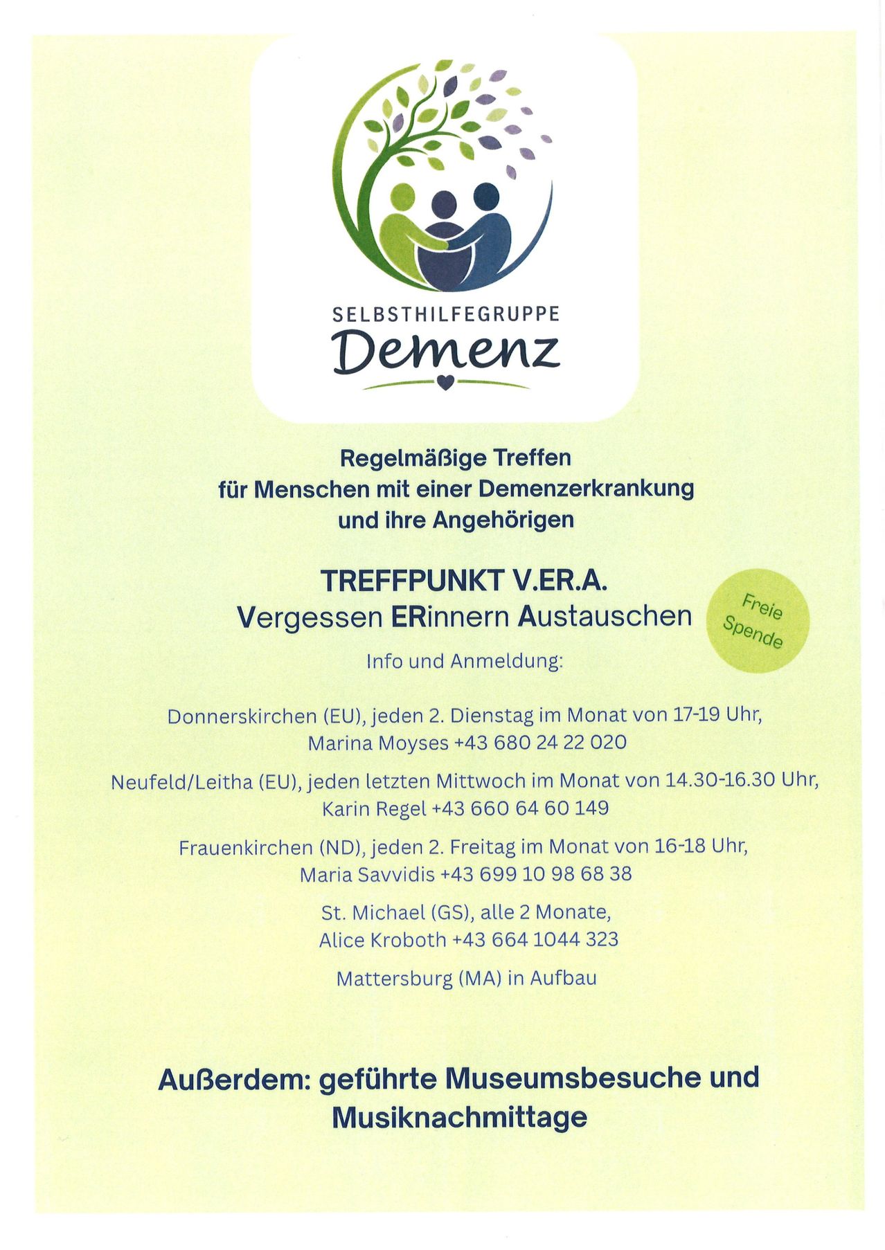 Ein Flyer für die Selbsthilfegruppe 'Demenz' in Österreich, mit Informationen zu regelmäßigen Treffen für Menschen mit Demenz und ihre Angehörigen, einschließlich Standorte und Kontaktdaten.