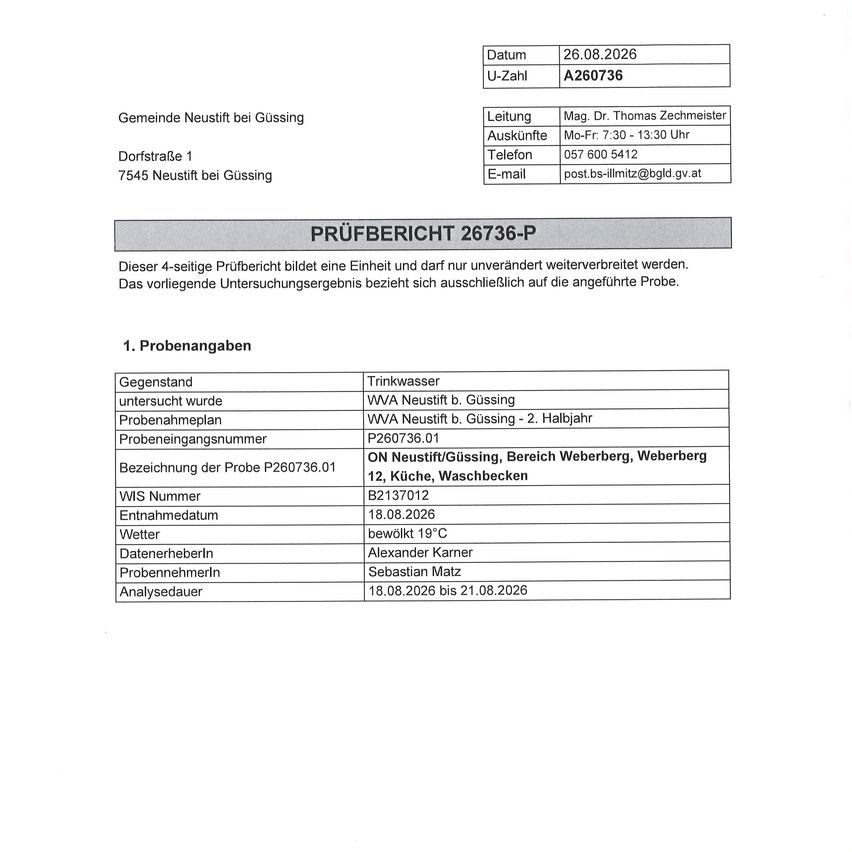 Ein Dokument mit dem Titel 'Prufbericht 26736-P' vom 26.08.2026 enthält Details über eine Wasserprobe aus Neustift b. Gusing. Die Probe wurde am 18.08.2026 von Sebastian Matz entnommen und von Alexander Karner analysiert. Der Bericht umfasst die Probennummer, den Standort und das Analysedatum.