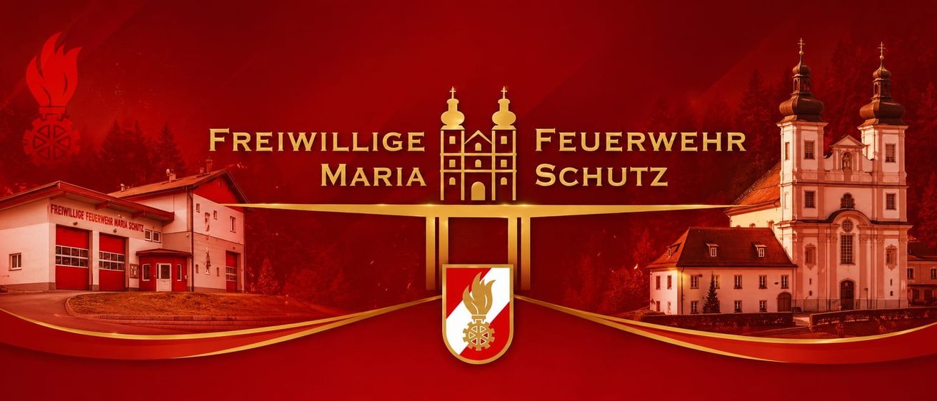 Ein Logo für Marias freiwillige Feuerwehr, mit einem Schild, einer Flamme und einem Zahnrad, zwei Kirchen und einem Gebäude auf rotem Hintergrund.