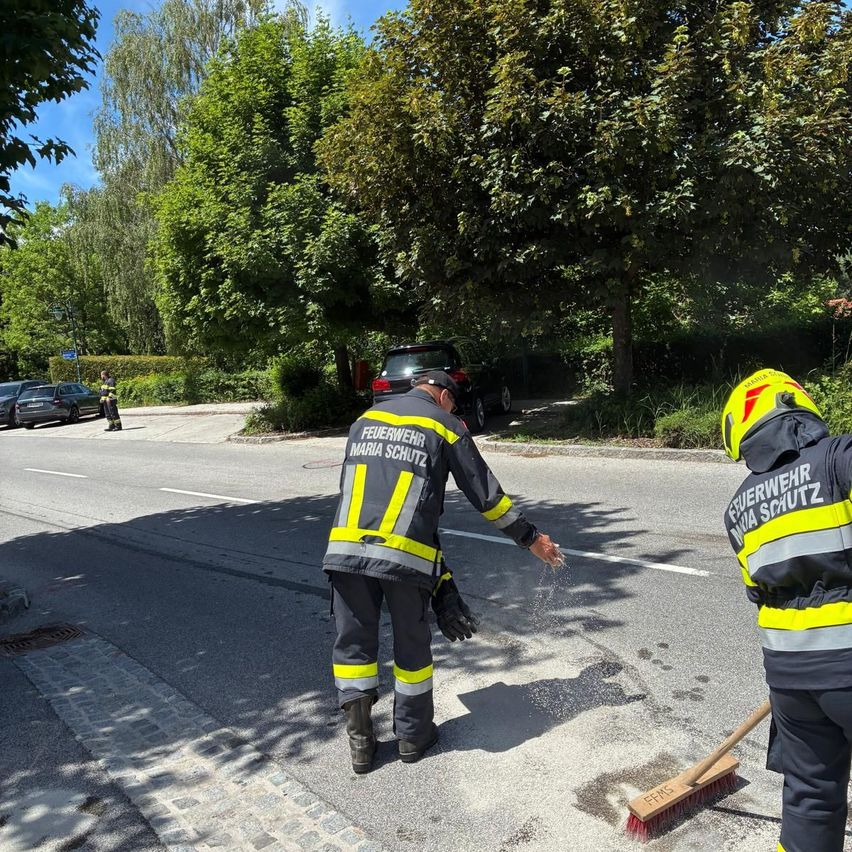 Zwei Feuerwehrleute in Uniform reinigen eine Straße, einer hält einen Besen und der andere sprüht Wasser. Im Hintergrund sind Bäume und geparkte Autos zu sehen.