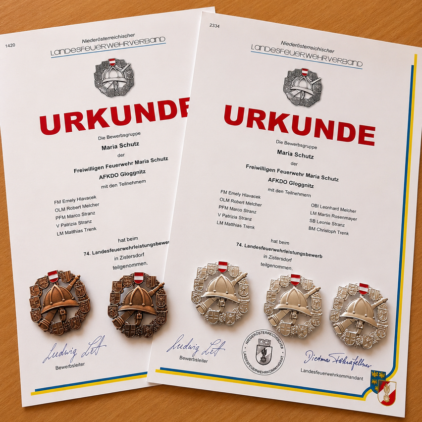 Zwei Urkunden mit dem Titel 'URKUNDE' für Maria Schutz, signiert von Ludwig und Dietmar. Es enthält Details der Freiwilligen Feuerwehr Maria Schutz AFKODO Glognitz.
