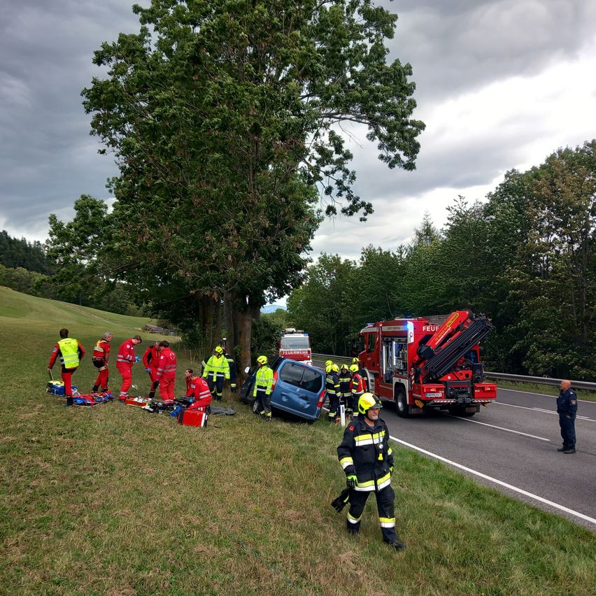 Rettungskräfte kümmern sich um einen Autounfall am Straßenrand, mit einem Feuerwehrwagen und Rettungspersonal in der Nähe.