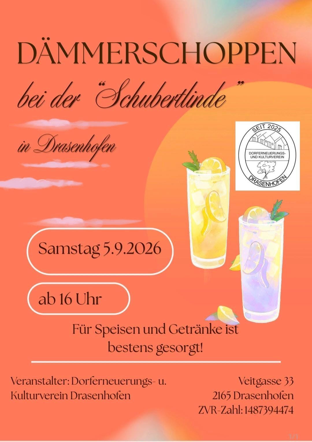 Plakat für eine Veranstaltung bei der Schubertlinde in Drasenhofen am Samstag, 5. September 2026, ab 16 Uhr. Es zeigt zwei Gläser Limonade mit Zitronenscheiben und Minzblättern.