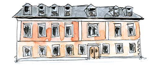Eine Illustration eines dreistöckigen Gebäudes mit grauem Dach und orangefarbenen Wänden, mit mehreren Fenstern und einer zentralen Tür.