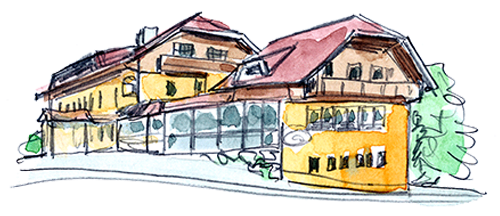 Eine Illustration eines zweistöckigen Gebäudes mit rotem Dach, gelben Wänden und mehreren Fenstern. Das Gebäude hat einen Balkon im zweiten Stock.