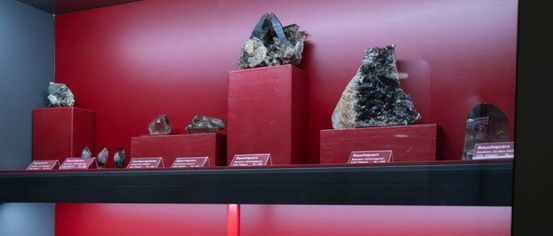 Ein Vitrinenschrank mit roten Wänden und schwarzen Regalen zeigt verschiedene Mineralien, jedes auf einem roten Podest, beschriftet mit Namen wie Rauchquarz und Amethyst.