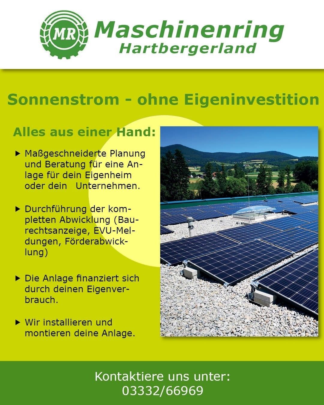 Solarstromservice von Hartbergerland: maßgeschneiderte Planung, rechtliche Beratung, Installation und Überwachung. Finanzierung durch Ihren Stromverbrauch. Keine Investition im Voraus erforderlich.