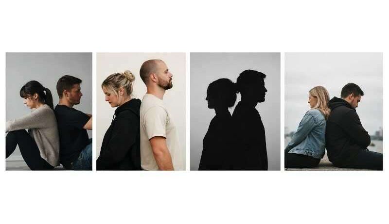 Vier Fotos von Paaren, die zusammen sitzen und verschiedene Posen einnehmen. Die ersten beiden sind in Farbe, die letzten beiden in Schwarz-Weiß.