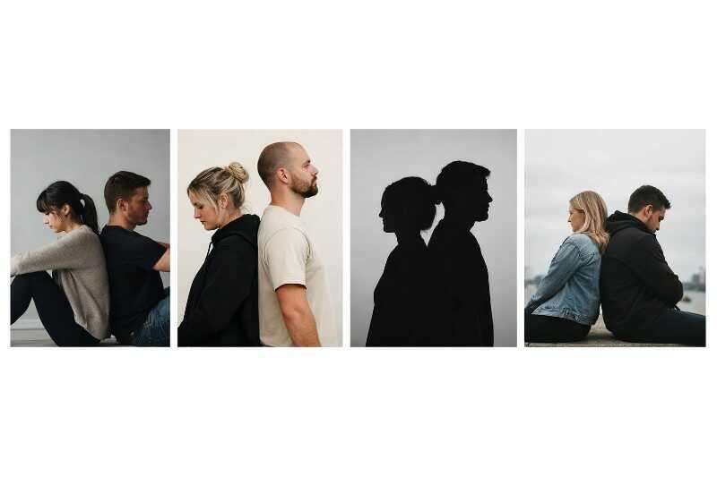 Vier Fotos von Paaren, die zusammen sitzen und verschiedene Posen einnehmen. Die ersten beiden sind in Farbe, die letzten beiden in Schwarz-Weiß.