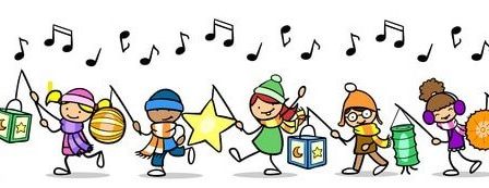 Eine Gruppe von Kindern in Winterkleidung beim Vorführen, sie halten Musikinstrumente und Sterne und über ihnen sind Musiknoten.