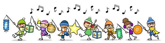 Eine Gruppe von Kindern in Winterkleidung beim Vorführen, sie halten Musikinstrumente und Sterne und über ihnen sind Musiknoten.