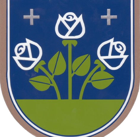 Ein blauer Schild mit weißem Rand, der drei weiße Rosen auf grünem Hintergrund enthält. Zwei weiße Pluszeichen befinden sich in den oberen Ecken.