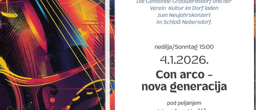 Plakat für Neujahrskonzert in Nebersdorf. Mit abstrakten musikalischen Bildern. Datum der Veranstaltung: 4.1.2026, Zeit: 15:00 Uhr. Geleitet von Martina Kocisa. Spenden willkommen.