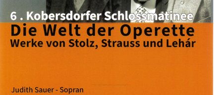 Plakat für ein Konzert mit Operettenwerken von Stolz, Strauss und Lehár. Das Bild zeigt ein Foto von drei Männern und Text auf Deutsch.