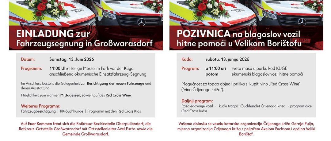 Das Bild zeigt zwei Krankenwagen mit Blumen davor. Einer ist in GroBwarasdorf mit einer Segenzeremonie geplant für Samstag, 13. Juni 2026 um 11:00 Uhr. Der andere ist in Veliko Borje mit einer Segenzeremonie geplant für Samstag, 13. Juni 2026 um 11:00 Uhr.