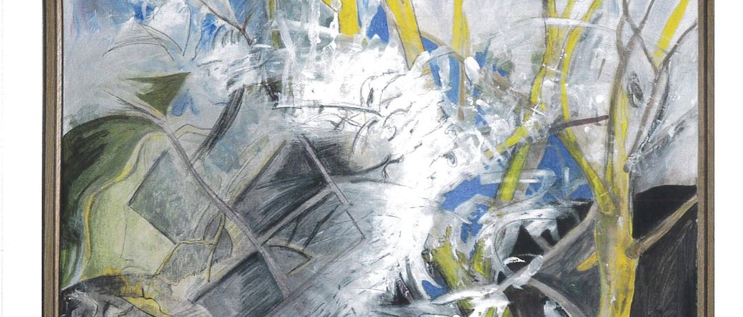 Ein Gemälde im Galerie Trudica Domnaovich, das abstrakte Kunst mit kräftigen Farben und dynamischen Linien zeigt. Der Titel lautet 'Ausstellung izlozba'.