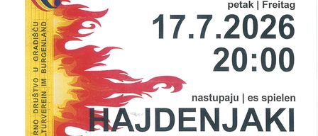 Ein Plakat für Uz Oganj mit einer brennenden Gitarre. Es enthält Details zum Datum, zur Zeit und zum Ort der Veranstaltung für Tamburitza im Lagerfeuer.