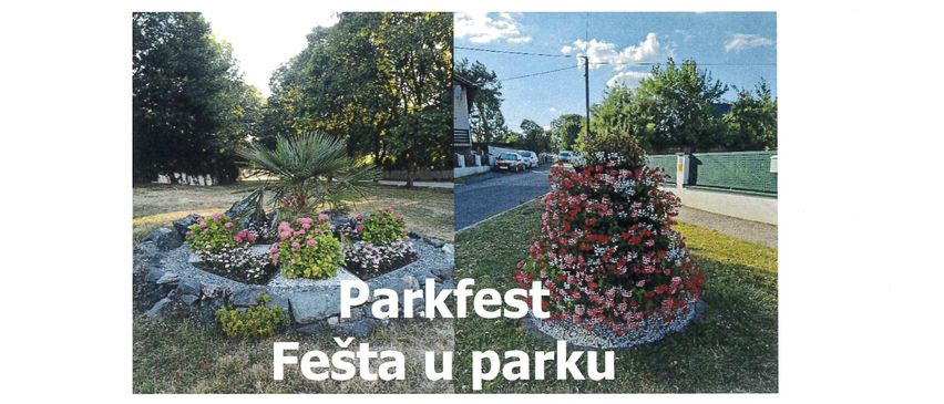 Poster for Parkfest Festá u parku event on Saturday, August 15, 2026, at Rudolf-Klaudus-Gasse Kleinwarasdorf. Event starts at 11:30 AM. Food and drinks available. In case of bad weather, the event will move to the community hall.