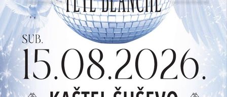 Poster for a white party event, featuring a disco ball, a dove, and a castle. The event is titled 'Festa Ubijelo' and 'Fete Blanche'. The date is August 15, 2026, at 19:30.