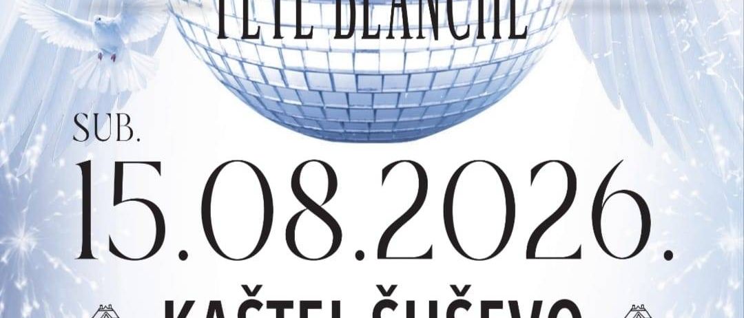 Plakat für eine weiße Party-Veranstaltung mit einem Discoball, einer Taube und einem Schloss. Die Veranstaltung trägt den Titel 'Festa Ubijelo' und 'Fete Blanche'. Das Datum ist der 15. August 2026 um 19:30 Uhr.