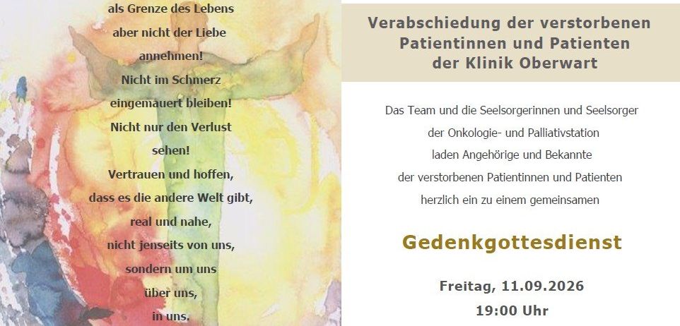 Eine Gedenkgottesdienst-Ankündigung für eine Klinik in Oberwart, Deutschland. Der Gottesdienst ist für den 11. September 2026 um 19:00 Uhr in der katholischen Stadtpfarrkirche Oberwart geplant. Der Text enthält ein Gedicht über Liebe und Vertrauen.