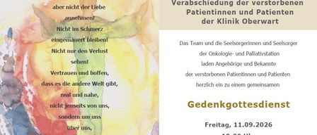 A memorial service announcement for a clinic in Oberwart, Germany. The service is scheduled for September 11, 2026, at 7 PM in the Catholic City Church. The text includes a poem about love and trust.