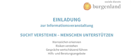Ein Informationsposter für eine Veranstaltung in Burgenland. Es zeigt eine Hand, die ein Glas mit Pillen hält, und einen Textüberlagerung mit Veranstaltungsdetails. Das Poster ist in deutscher Sprache.