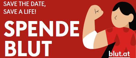 Ein Plakat für eine Blutspende-Veranstaltung in Nebersdorf, geplant für den 26. Oktober 2026. Es zeigt eine Frau mit rotem Shirt und Tattoo, sowie einen QR-Code für Terminbuchung.