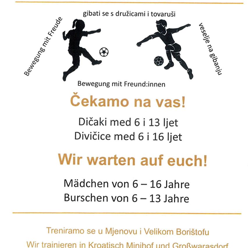 Fußball-Flyer für Mädchen und Jungen, Alter 6-16. Mädchentraining von 6 bis 13, Jungen von 6 bis 16. Trainingsort in Mjenov und Velikom Boristofu. Wir warten auf euch!
