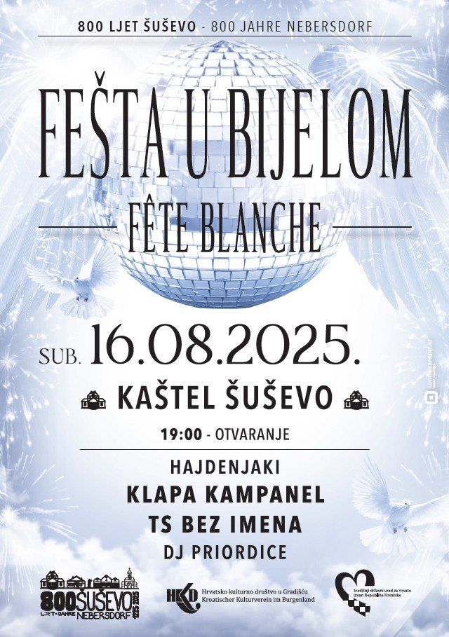 Ein Plakat bewirbt die Weiße Party in Kastel Susevo am 16. August 2025 ab 19:00 Uhr. Features sind Hajdenjaki, Klapa Kampanel und DJ Priordice.