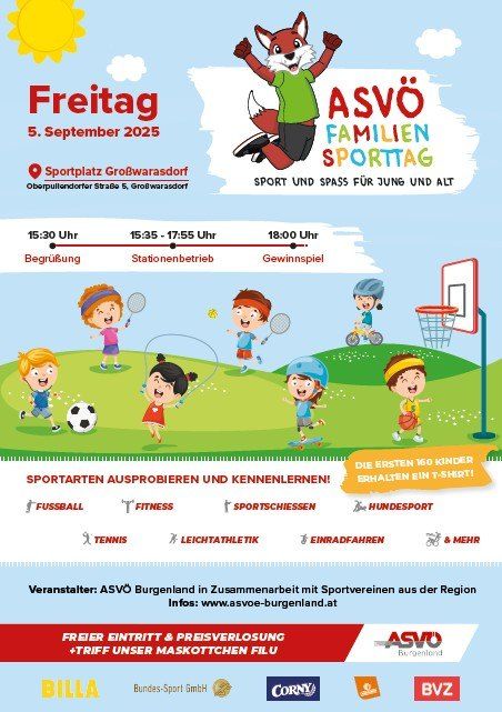 Ein Veranstaltungsposter für den ASVö Familien-Sporttag am Freitag, 5. September 2025. Die Veranstaltung umfasst freien Eintritt, Preisverlosungen und Kindersportaktivitäten.