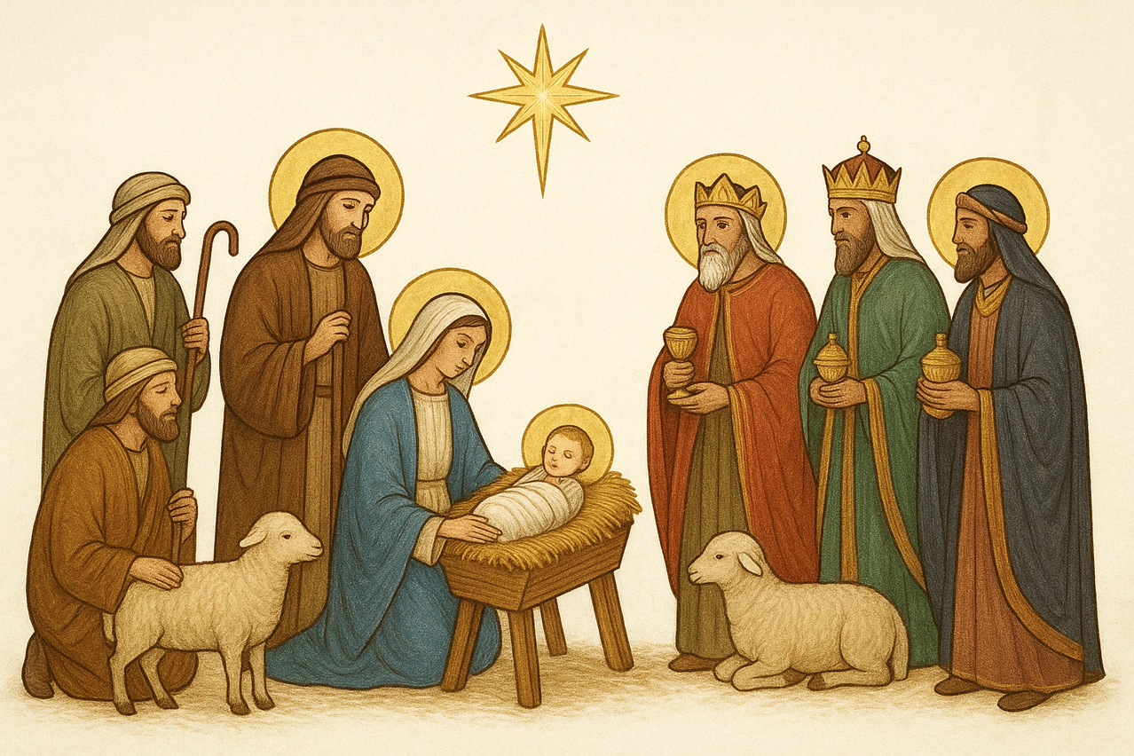 Eine Illustration zeigt die Krippenszene mit Maria, Josef und Baby Jesus in der Krippe, umgeben von Hirten, einem Stern und zwei Weisen, die Geschenke halten.